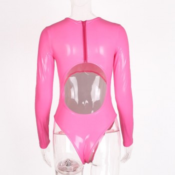 BOOFEENAA Sexy Pink PU Leather Long Sleeve Bodysuit Women Hollow Out Backless Bodysuits Festival Party Clubwear Pink